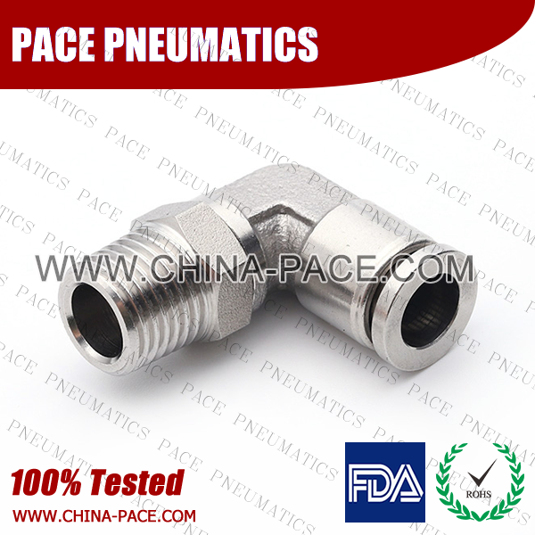 Male Elbow Stainless Steel Push-In Fittings, 316 stainless steel push to connect fittings, Air Fittings, one touch tube fittings, all metal push in fittings, Push to Connect Fittings, Pneumatic Fittings